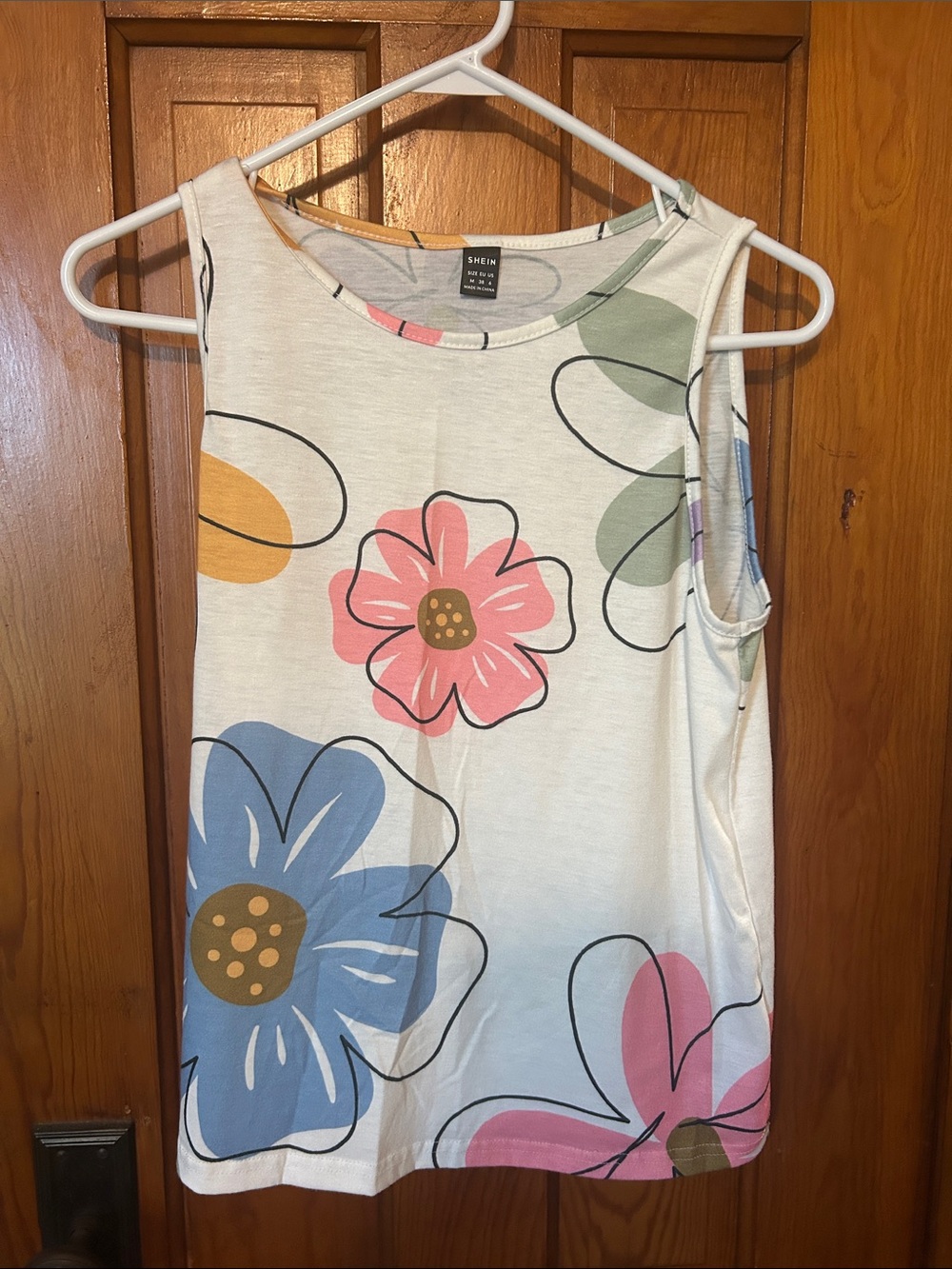 SHEIN White Floral Tank Top with Pink, Blue, Green, Yellow Accents